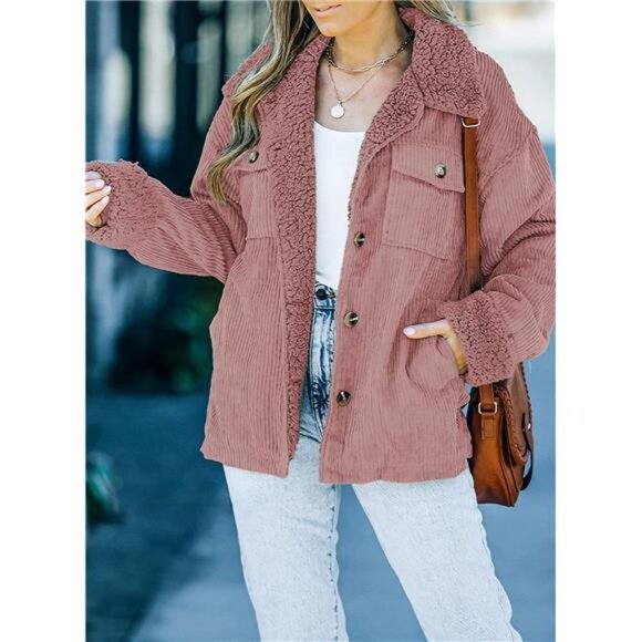 Women's Corduroy Sherpa Jacket Button Down Fleece Fur Collar Winter Coat - Picture 4 of 6